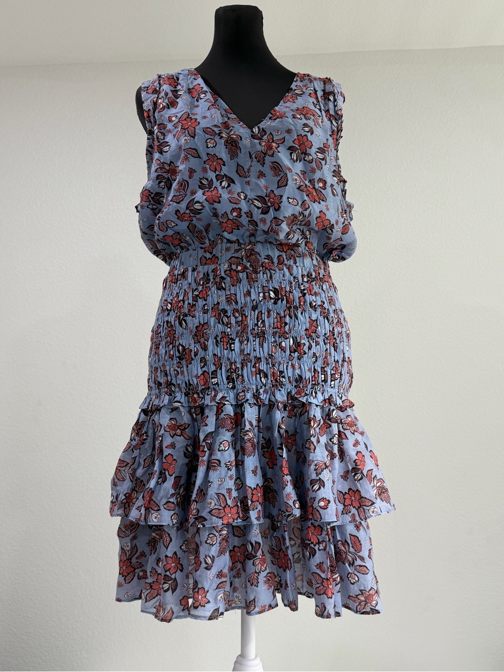 Luminary Floral Smocked Tiered Mini Dress Size M Blue Boho Romantic Lightweight